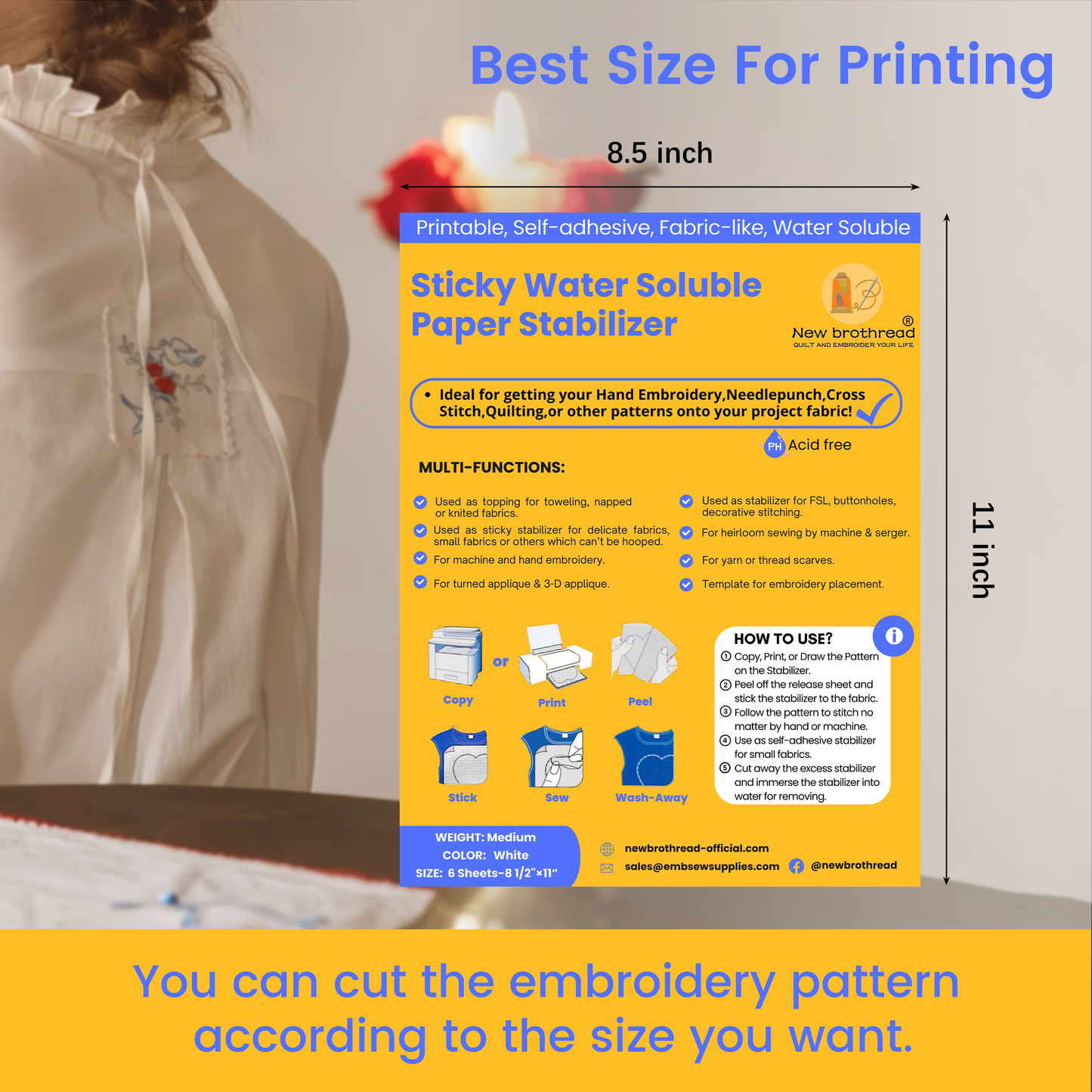 New brothread 6PCS 8.5"x11" Sticky Water Soluble Embroidery Stabilizer Printable Paper Stabilizer - Medium Weight - Allowed for Print or Draw Patterns Best for Hand & Machine Embroidery