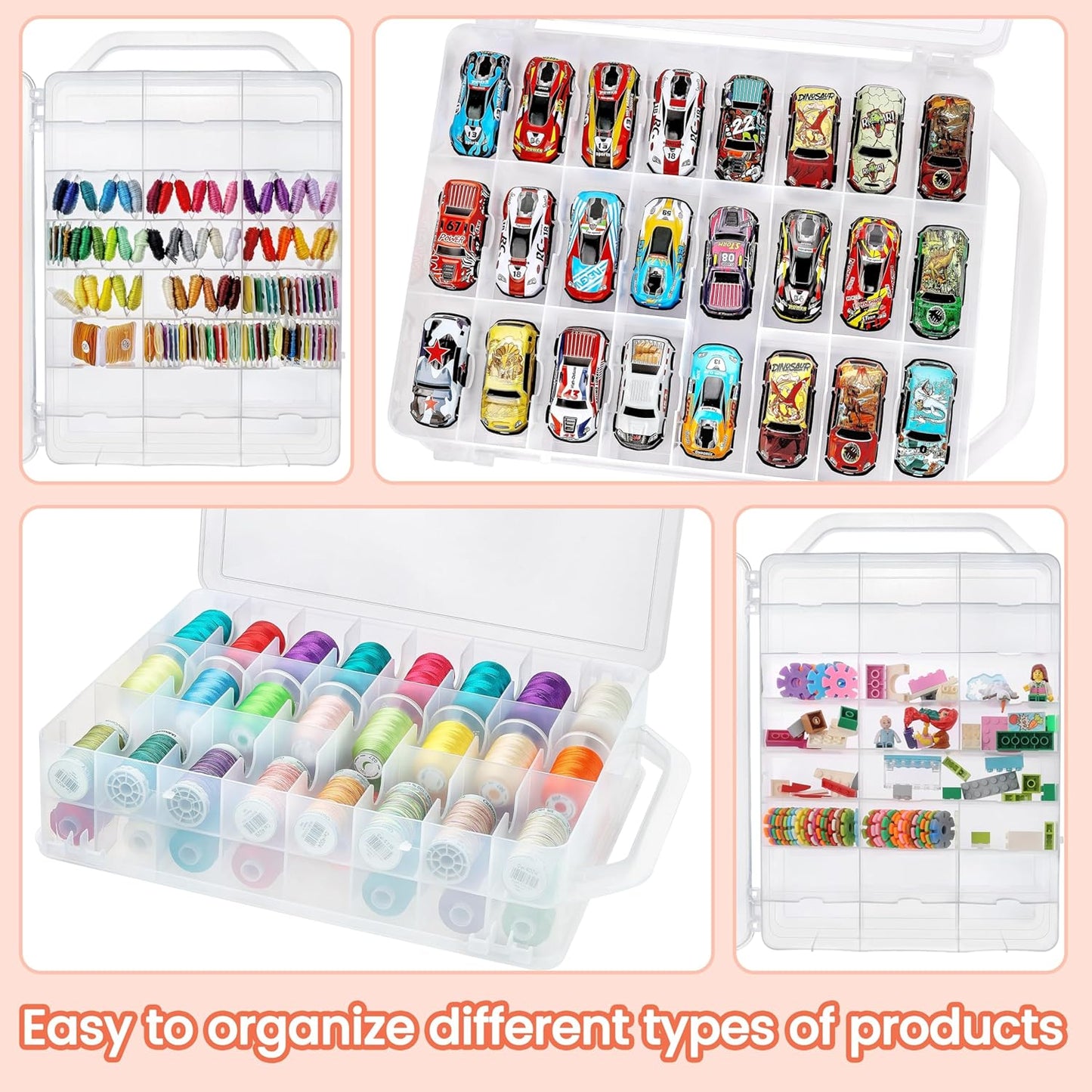 New brothread Double-Sided Storage Organizer/Box with Total 48 Adjustable Compartments, Removable Dividers For Embroidery and Sewing Threads, Embroidery Floss, Needles, Beads, Small Crafts  & Toys