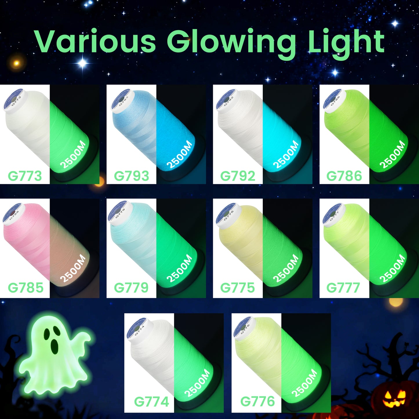 New brothread Single Huge Spool Luminary Glow in The Dark Embroidery Machine Thread Kit 30WT 2500M(2735Y) Each Spool for Embroidery, Quilting, Sewing