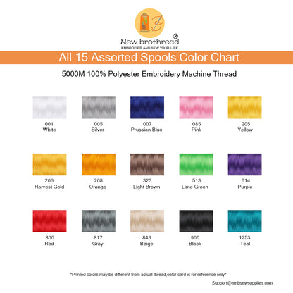 New brothreads - 15 Starter Colors of Huge Spool 5000M Polyester Embroidery Machine Thread for Commercial and Domestic Embroidery Machines