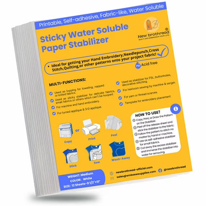 New brothread 8.5"x11" Sticky Water Soluble Embroidery Stabilizer Printable Paper Stabilizer - Medium Weight - Allowed for Print or Draw Patterns Best for Hand & Machine Embroidery
