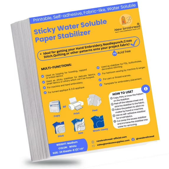 New brothread 8.5"x11" Sticky Water Soluble Embroidery Stabilizer Printable Paper Stabilizer - Medium Weight - Allowed for Print or Draw Patterns Best for Hand & Machine Embroidery