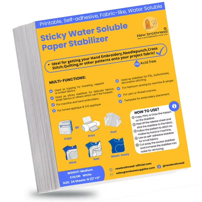 New brothread 8.5"x11" Sticky Water Soluble Embroidery Stabilizer Printable Paper Stabilizer - Medium Weight - Allowed for Print or Draw Patterns Best for Hand & Machine Embroidery