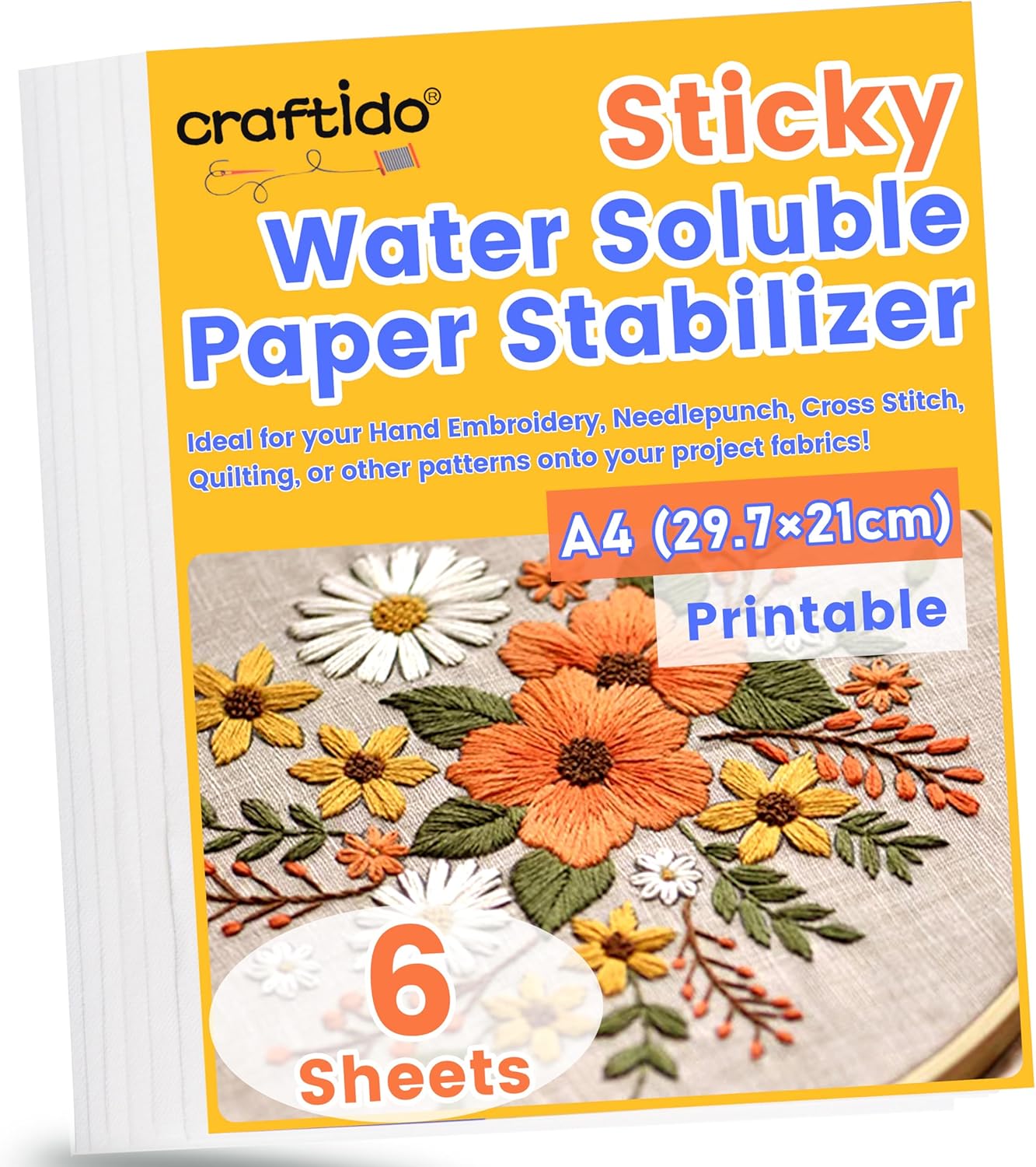 Craftido A4 (29.7x21cm) 6PCS Sticky Water Soluble Embroidery Stabilizer Printable Dissolving Paper Medium Weight Allowed for Print or Draw Patterns Best for Hand & Machine Embroidery