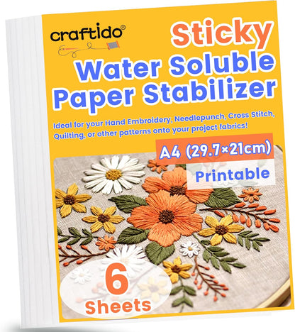 Craftido A4 (29.7x21cm) 6PCS Sticky Water Soluble Embroidery Stabilizer Printable Dissolving Paper Medium Weight Allowed for Print or Draw Patterns Best for Hand & Machine Embroidery