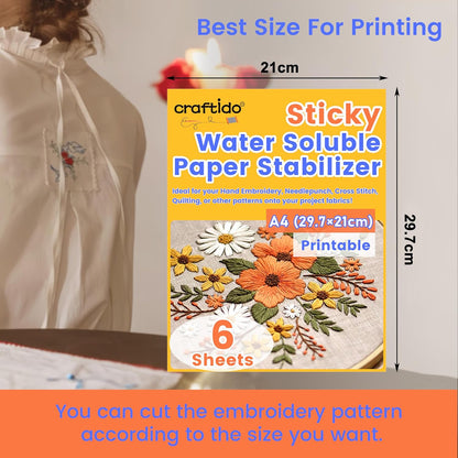 Craftido A4 (29.7x21cm) 6PCS Sticky Water Soluble Embroidery Stabilizer Printable Dissolving Paper Medium Weight Allowed for Print or Draw Patterns Best for Hand & Machine Embroidery