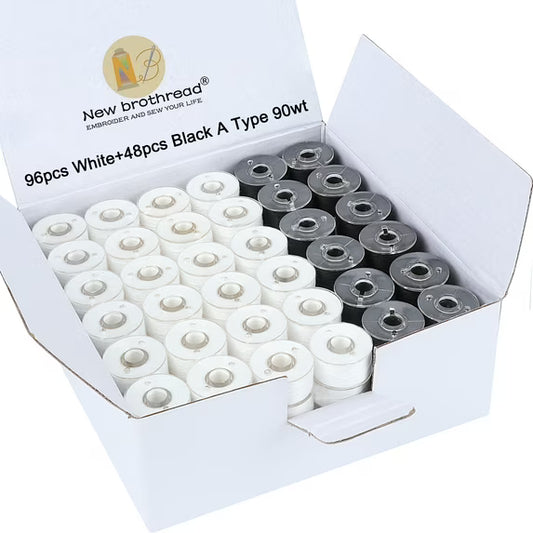 New brothread 144pcs (96White+48Black) 90WT Prewound Bobbin Thread Size A SA156