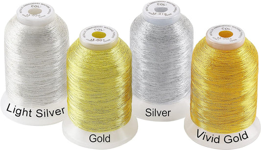 New brothread 4 Metallic Embroidery Machine Thread Kit 500M (550Y) Each Spool for Computerized Embroidery and Decorative Sewing（1xGold+1xVivid Gold+1xSilver+1xLight Silver）