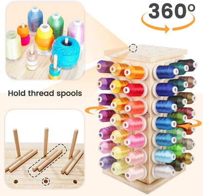 New brothread 93 Spools (DIY) 360° Fully Rotating Wooden Thread Rack/Thread Holder Organizer with Inner Storage Compartments for Sewing, Quilting, Embroidery, Hair-braiding and Jewelry