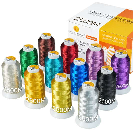 New brothread 12 Assorted Colors Metallic Embroidery Machine Thread Kit 2500M (2735Y) Each Spool for Commercial and Domestic Embroidery Machines