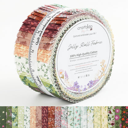 Craftido-18 Options-100% Cotton Jelly Roll Fabric Precut Strips for Quilting, Crafting, and Sewing, 40 Strips 2.5" x 44" Assorted Bundles for Rug, Quilt Project, DIY Craft and Home Decor