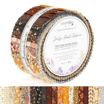 Craftido-18 Options-100% Cotton Jelly Roll Fabric Precut Strips for Quilting, Crafting, and Sewing, 40 Strips 2.5" x 44" Assorted Bundles for Rug, Quilt Project, DIY Craft and Home Decor