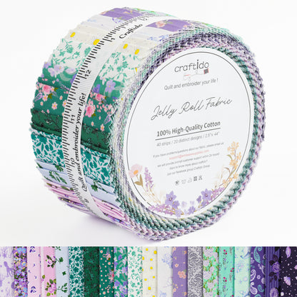 Craftido-18 Options-100% Cotton Jelly Roll Fabric Precut Strips for Quilting, Crafting, and Sewing, 40 Strips 2.5" x 44" Assorted Bundles for Rug, Quilt Project, DIY Craft and Home Decor