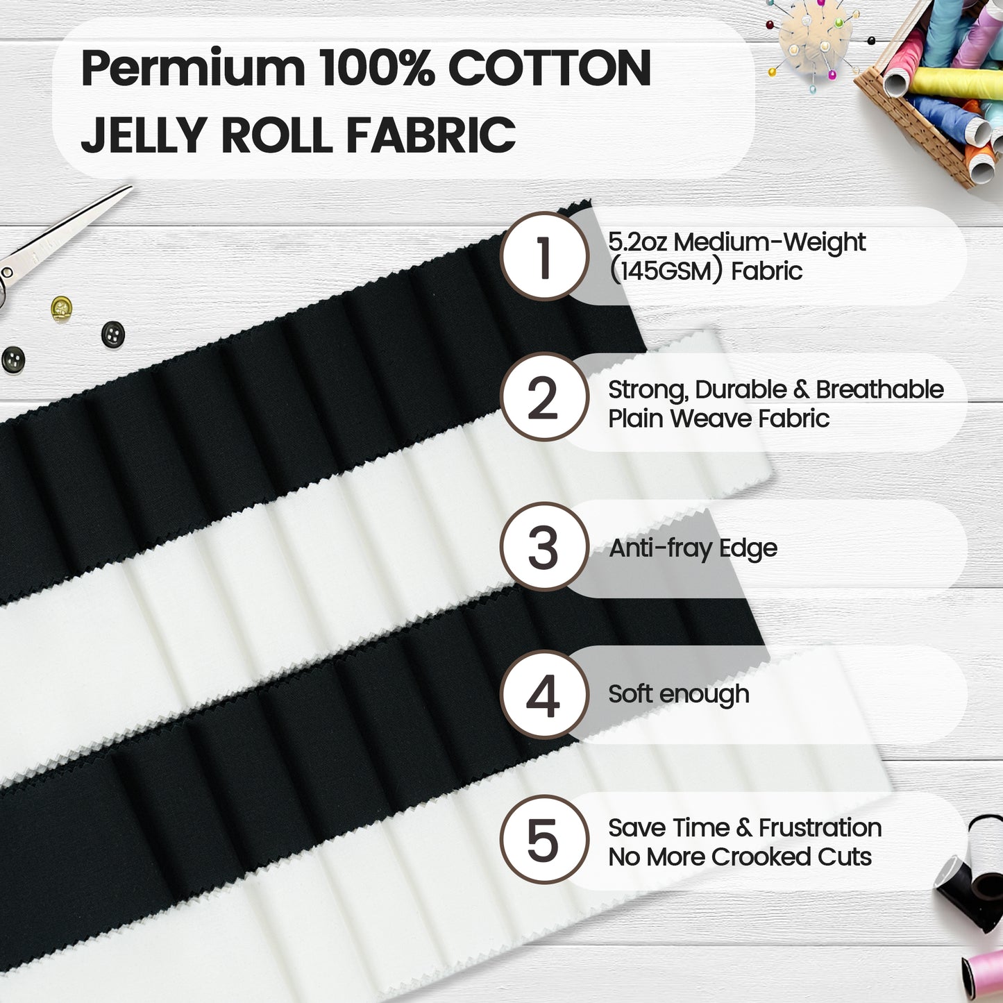 Craftido-18 Options-100% Cotton Jelly Roll Fabric Precut Strips for Quilting, Crafting, and Sewing, 40 Strips 2.5" x 44" Assorted Bundles for Rug, Quilt Project, DIY Craft and Home Decor
