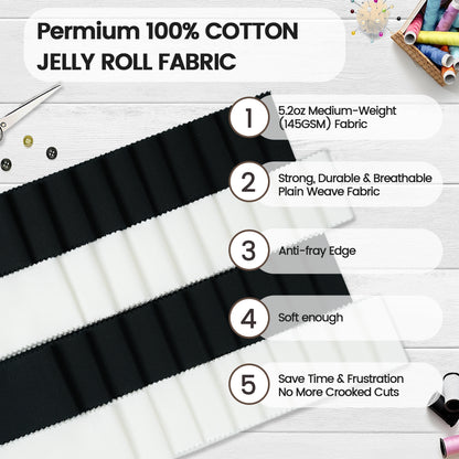 Craftido-18 Options-100% Cotton Jelly Roll Fabric Precut Strips for Quilting, Crafting, and Sewing, 40 Strips 2.5" x 44" Assorted Bundles for Rug, Quilt Project, DIY Craft and Home Decor