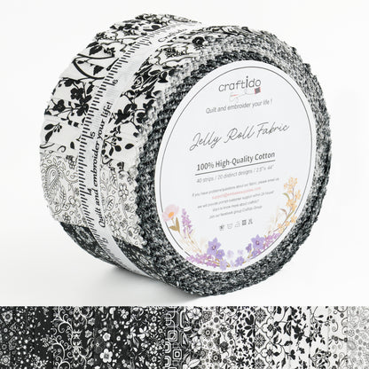 Craftido-18 Options-100% Cotton Jelly Roll Fabric Precut Strips for Quilting, Crafting, and Sewing, 40 Strips 2.5" x 44" Assorted Bundles for Rug, Quilt Project, DIY Craft and Home Decor
