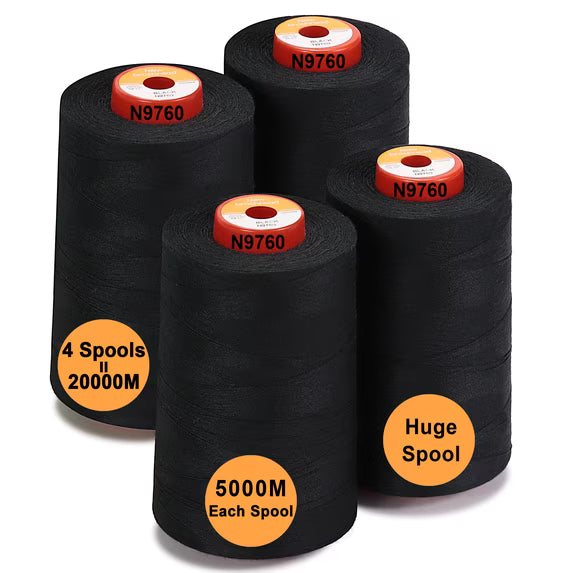 New brothread 4 Large Cones of Polyester Sewing Serger Quilting Thread - 5500Y (5000M) - Black