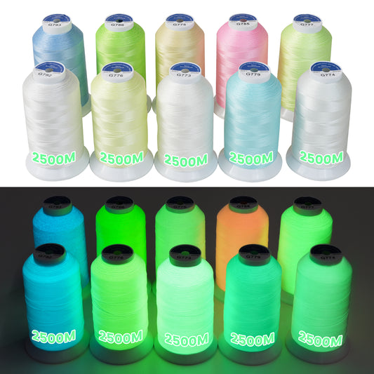 New brothread 10 Assorted Colors Luminary Glow in The Dark Embroidery Machine Thread Kit 30WT 2500M(2735Y) Each Spool for Embroidery, Quilting, Sewing