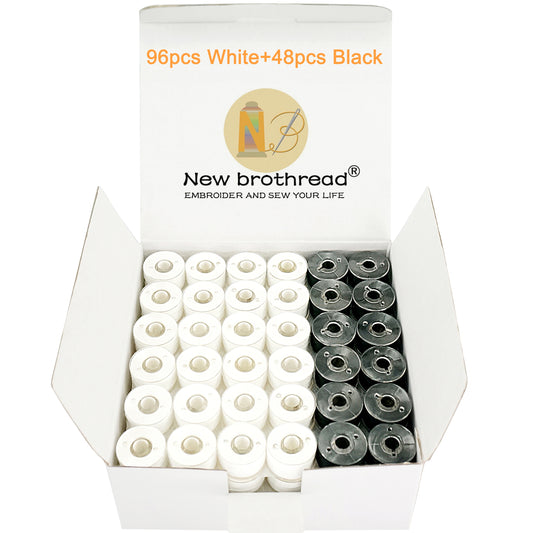 New brothread 144pcs (96White + 48Black) 60S/2(90WT) Prewound Bobbin Thread Plastic Size A SA156