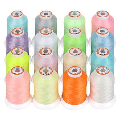 New brothread 16 Colors Luminary Glow in The Dark Embroidery Machine Thread Kit 30WT 500M(550Y) Each Spool for Embroidery, Quilting, Sewing