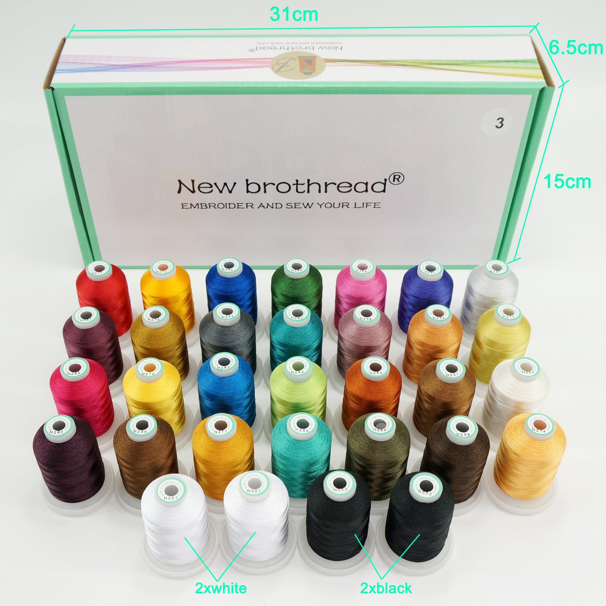  New brothread Polyester Embroidery Machine Thread 1000m Each  with Clear Plastic Storage Box for Embroidery & Quilting - 4xSnow  White+4xBlack