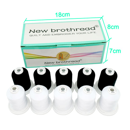New brothread 5 White+5 Black Colors Multi-Purpose 100% Mercerized Cotton Threads 30WT(50S/3) 600M(660Y) Each Spool