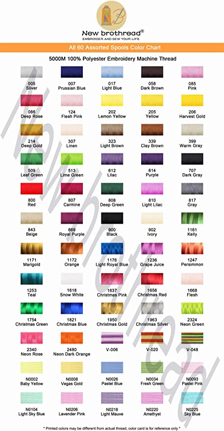 New brothreads - All 60 Assorted Colors of Huge Spool 5000M Polyester  Embroidery Machine Thread for Commercial and Domestic Embroidery Machines