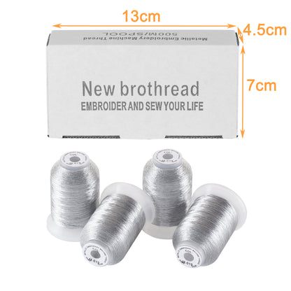 New brothread 4 Silver Metallic Embroidery Machine Thread Kit 500M (550Y) Each Spool for Computerized Embroidery and Decorative Sewing