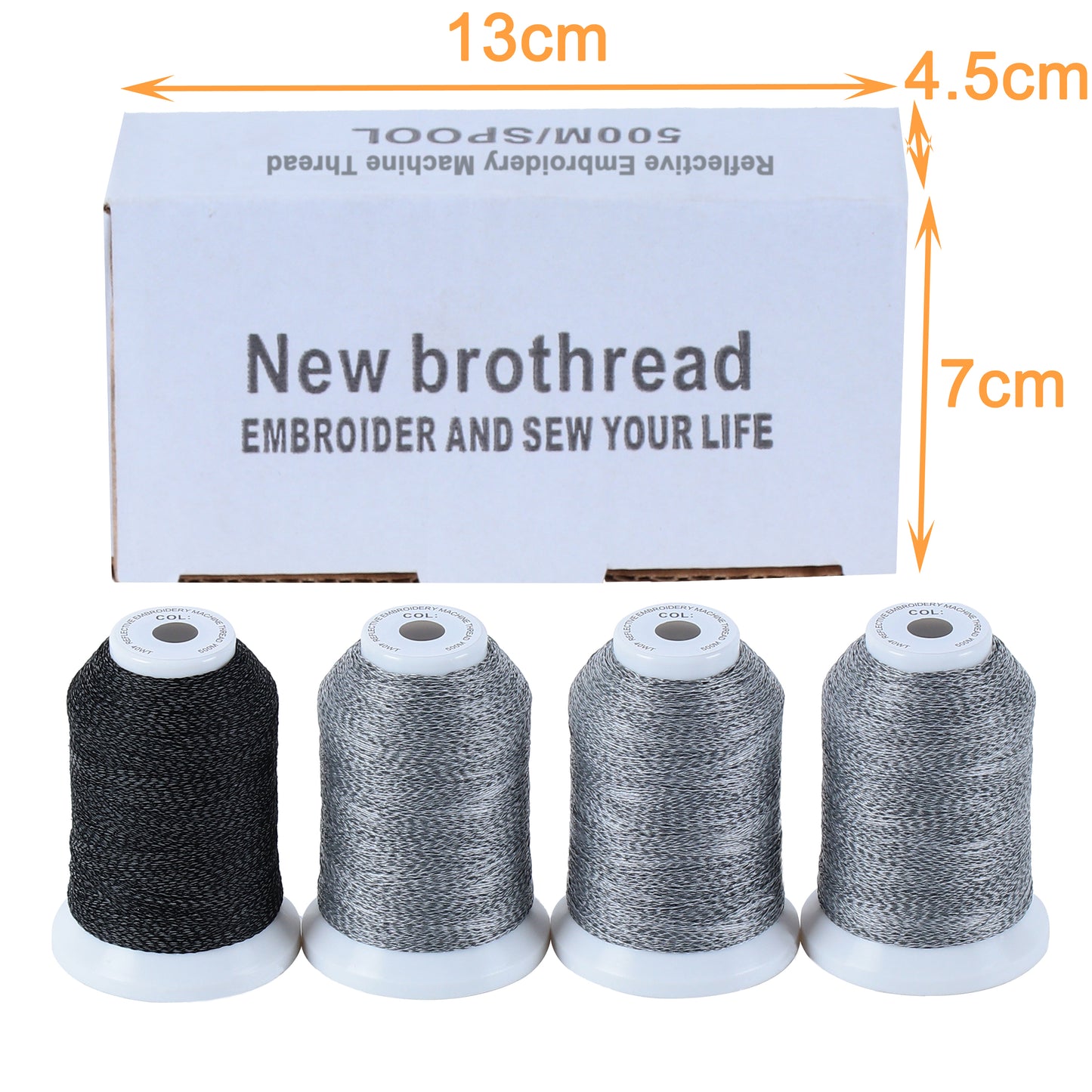 New brothread 4 Spools Reflective Embroidery Machine Thread (3 White +1 Black) 30WT 500M(550Y) Each Spool for Embroidery, Quilting and Sewing