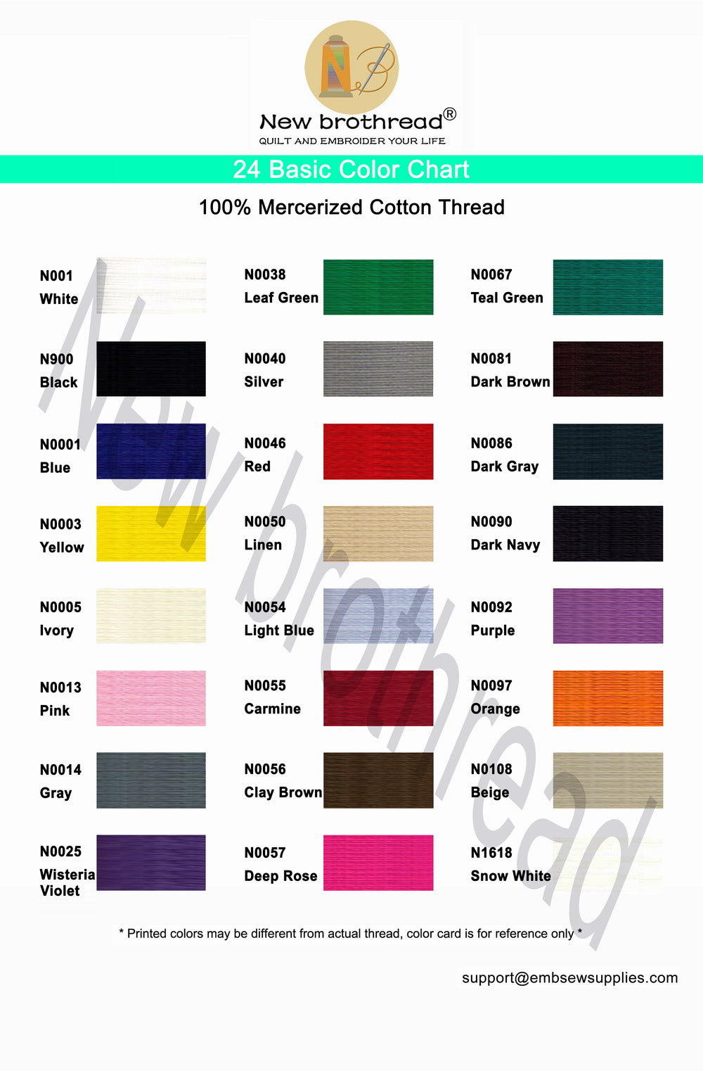 New brothread 24 Basic Colors Multi-Purpose 100% Mercerized Cotton Threads 30WT(50S/3) 600M(660Y) Each Spool