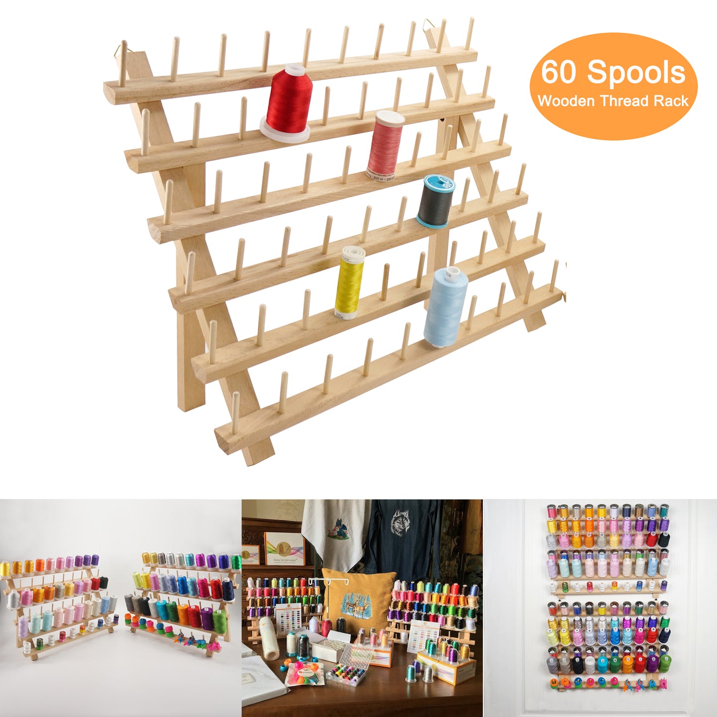New Brothread 60 Spools Wooden Thread Rack / Thread Holder Organizer with Hanging Hooks
