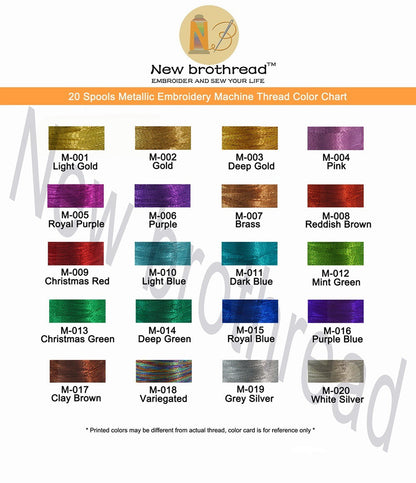 New Brothread 20 Colors Metallic Embroidery Machine Thread Kit 500M (550Y) Each