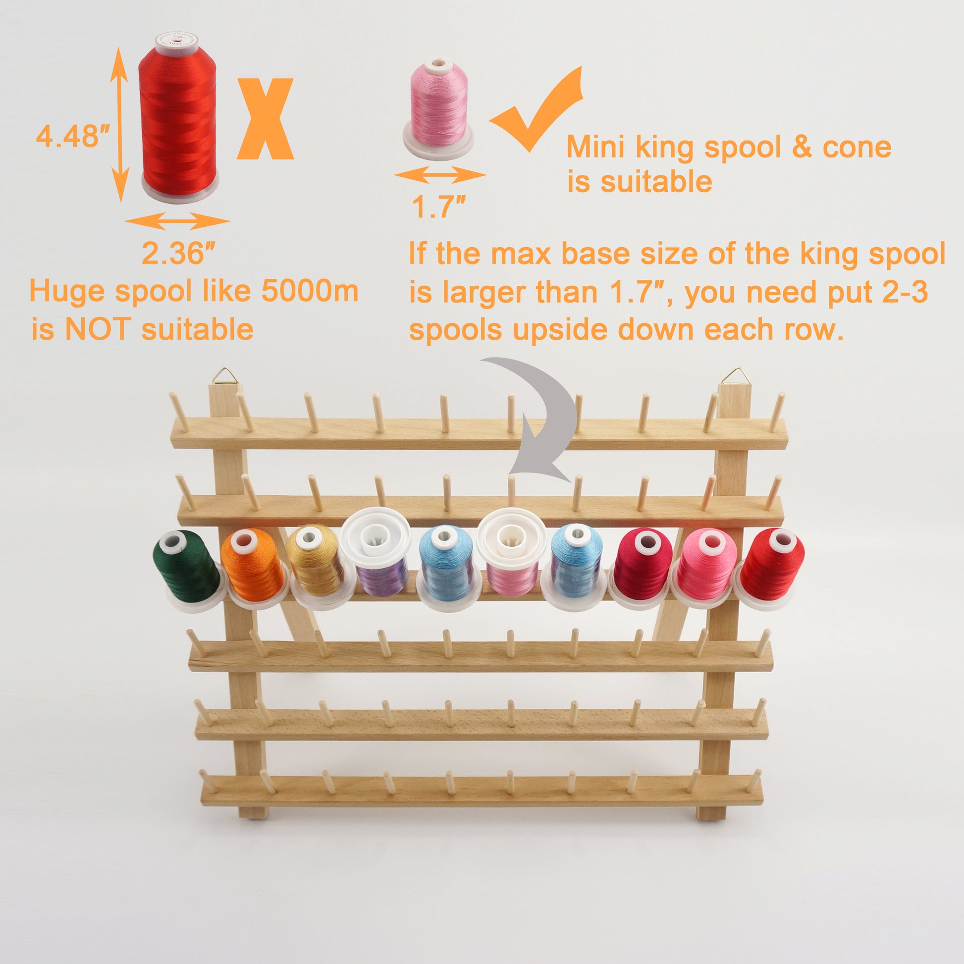 60-Spool Wooden Embroidery Thread Holder with Hanging Hooks